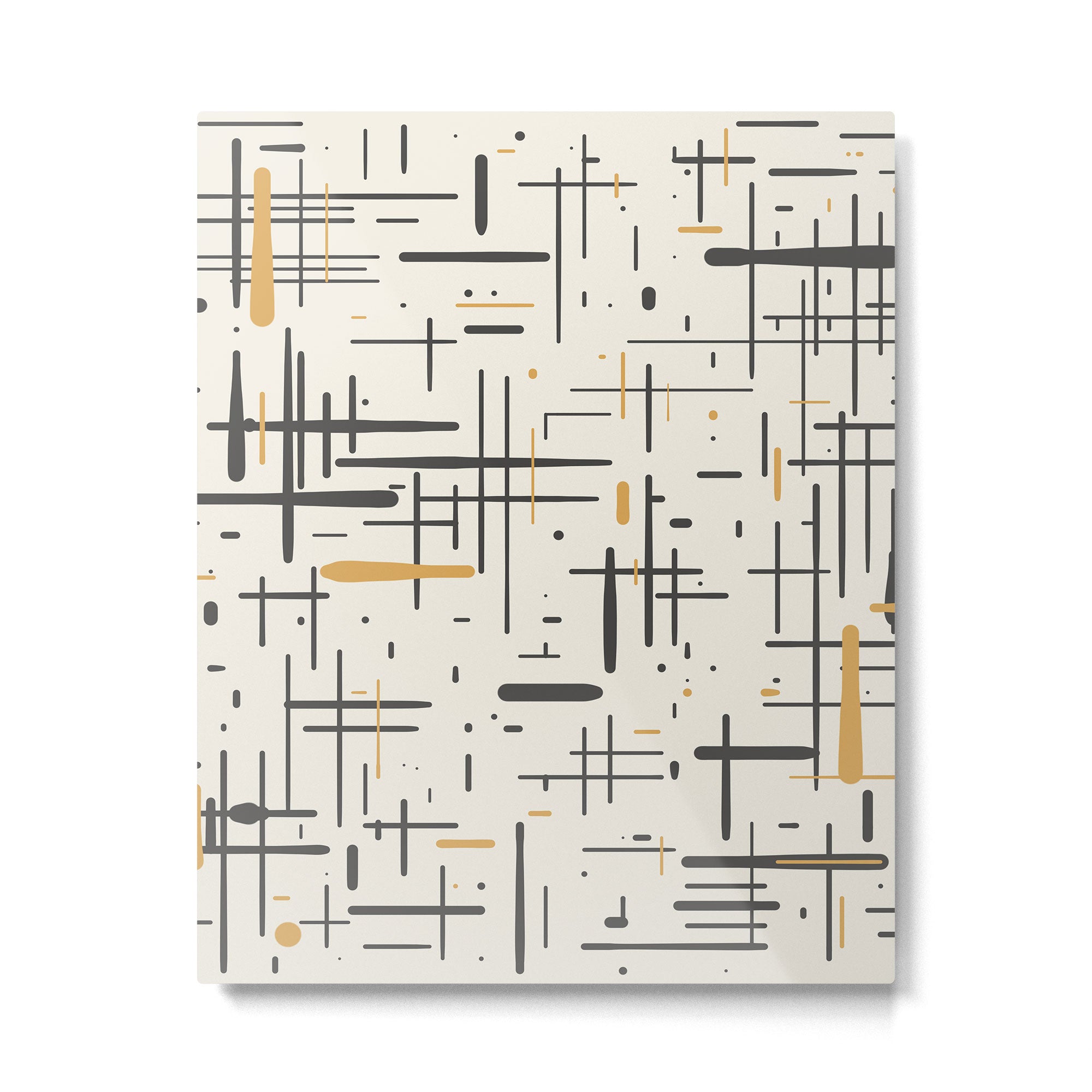 Mid-Century Modern Kinetikos Pattern in Charcoal Gray, Muted Mustard Gold, and Cream Metal Print Gallery Image 6