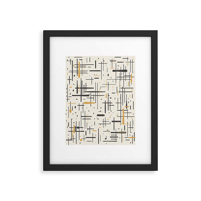Mid-Century Modern Kinetikos Pattern in Charcoal Gray, Muted Mustard Gold, and Cream Framed Art Print Gallery Image 4