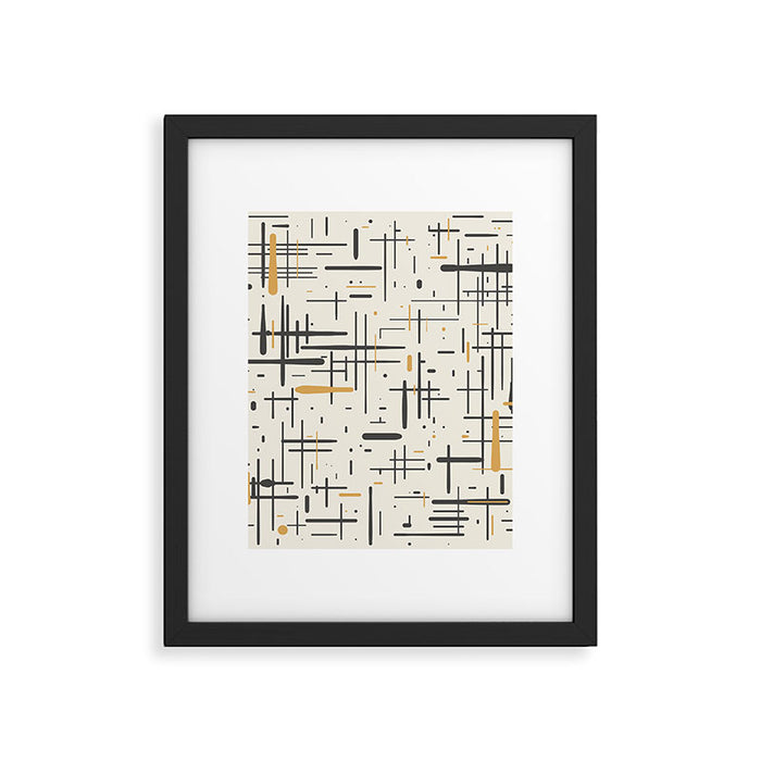 Mid-Century Modern Kinetikos Pattern in Charcoal Gray, Muted Mustard Gold, and Cream Framed Art Print Gallery Image 1