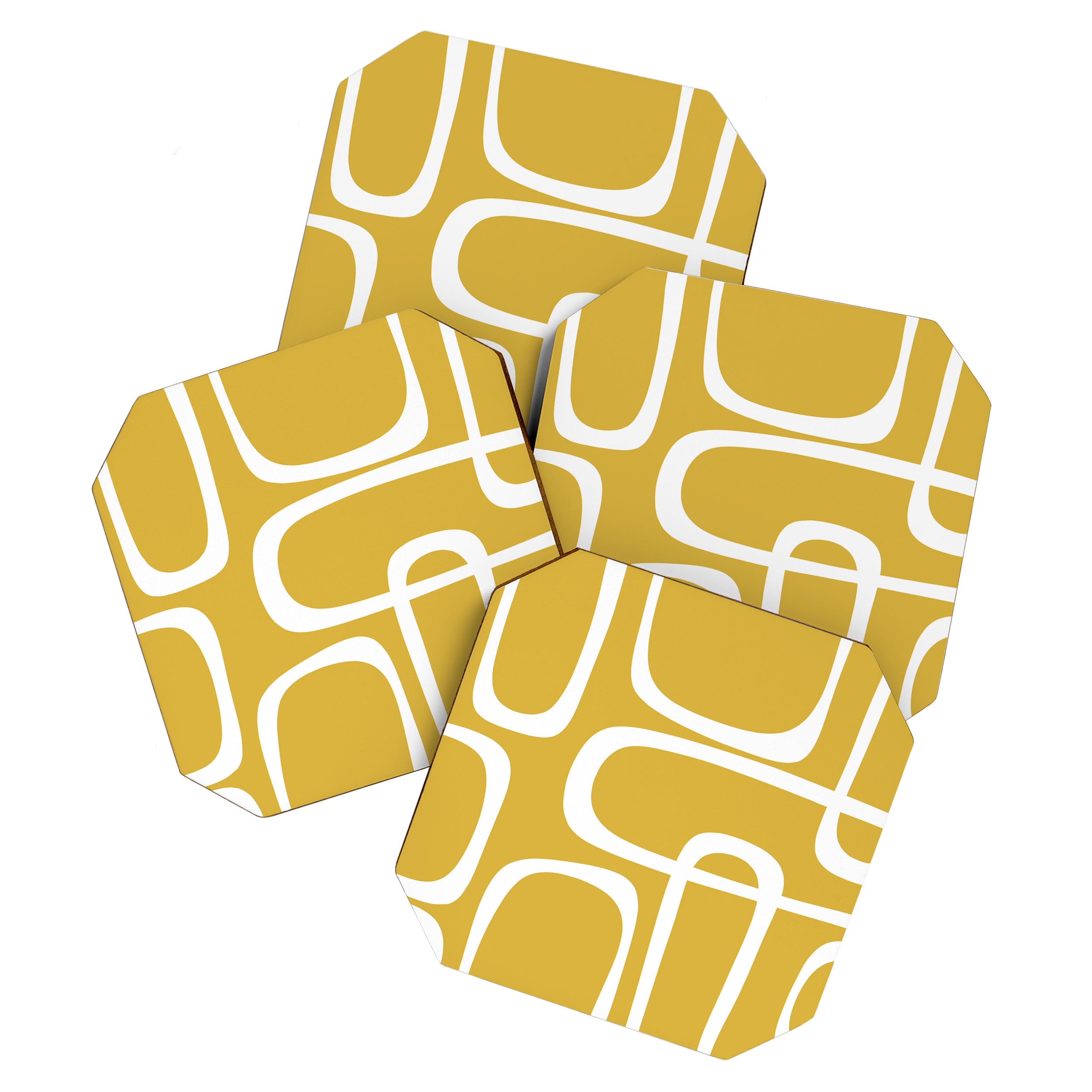 Midcentury Modern Loops Pattern in White and Light Mustard Coaster Gallery Image 1