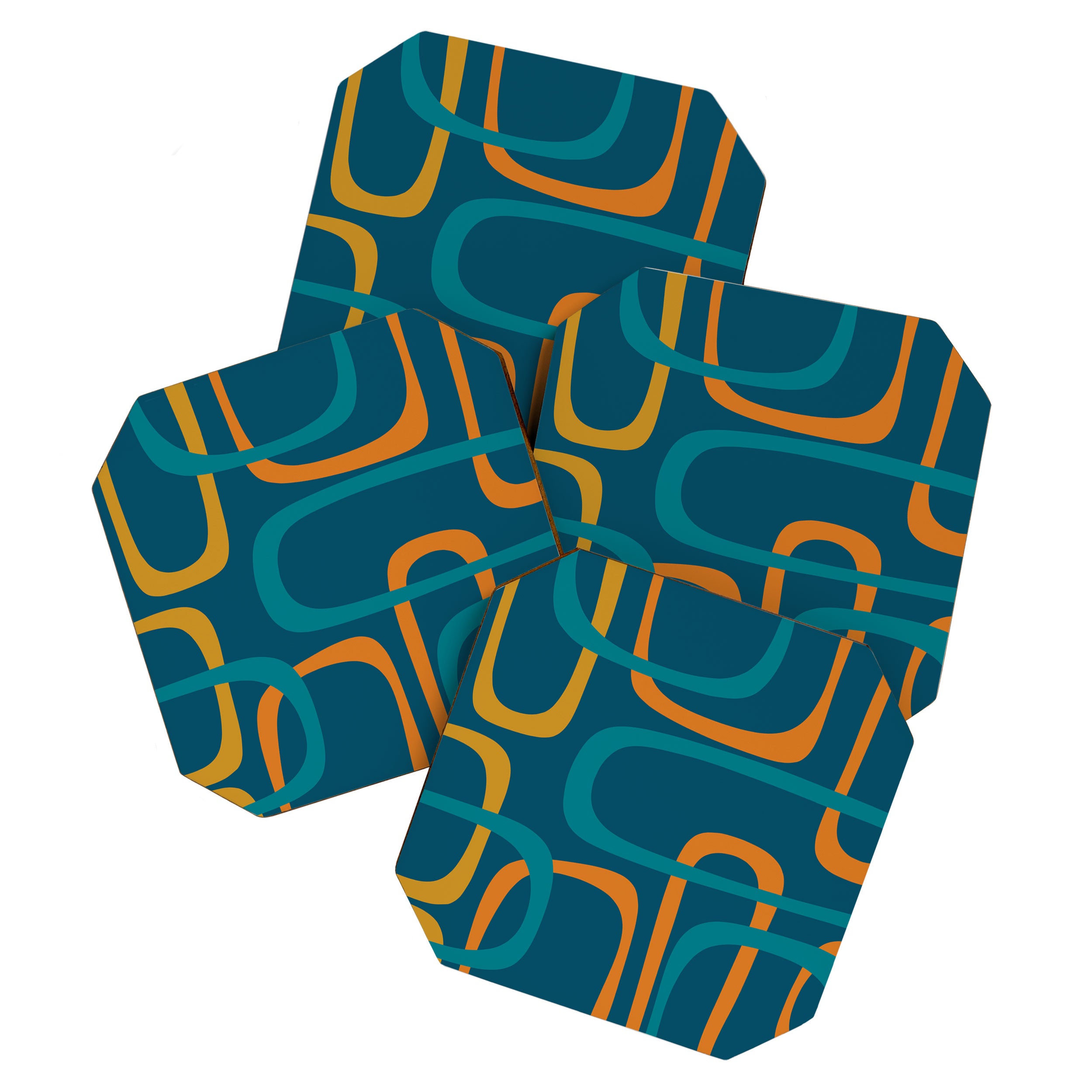 Midcentury Modern Loops Pattern in Moroccan Blue, Orange, and Mustard Coaster Gallery Image 1