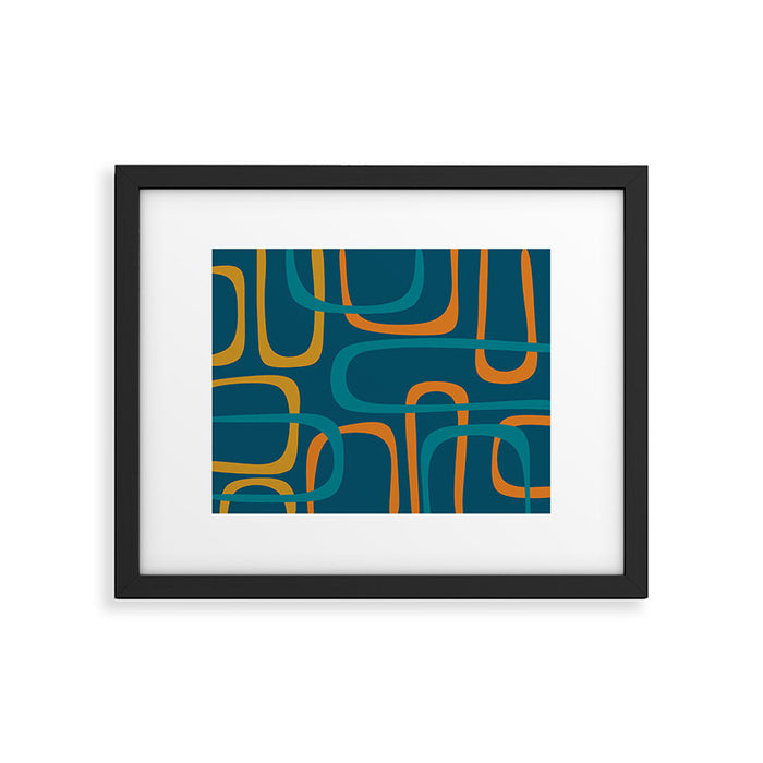 Midcentury Modern Loops Pattern in Moroccan Blue, Orange, and Mustard Framed Art Print Gallery Image 1