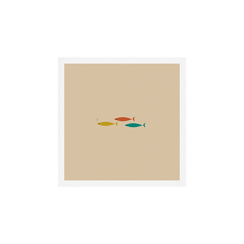 Mid-Century Modern Minimalist Fish Trio in Mid Mod Turquoise Teal, Mustard, Orange, and Beige Art Print Gallery Image 1
