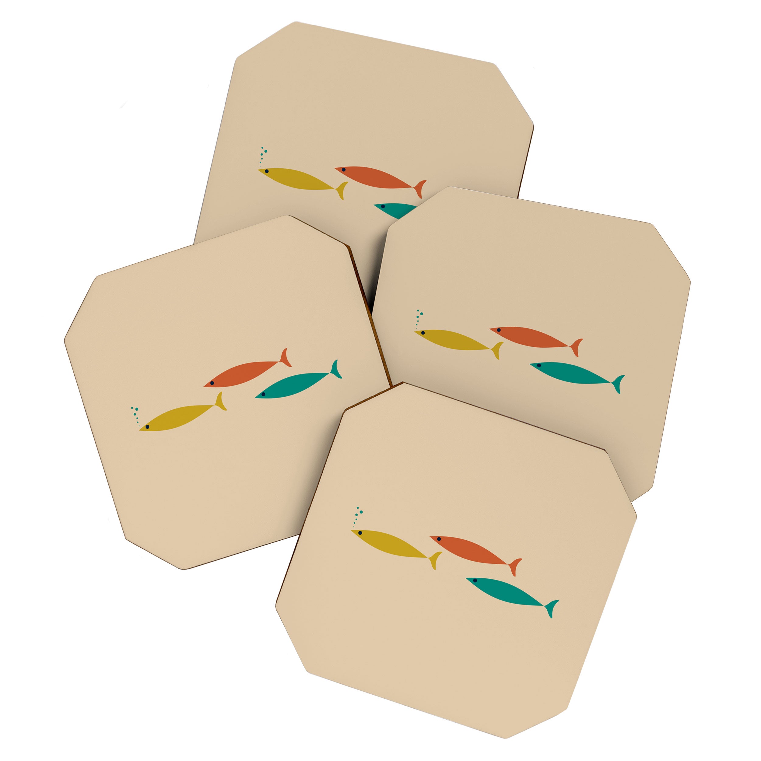 Mid-Century Modern Minimalist Fish Trio in Mid Mod Turquoise Teal, Mustard, Orange, and Beige Coaster Gallery Image 1