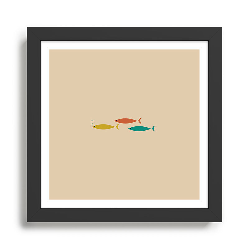 Mid-Century Modern Minimalist Fish Trio in Mid Mod Turquoise Teal, Mustard, Orange, and Beige Framed Art Print Gallery Image 1