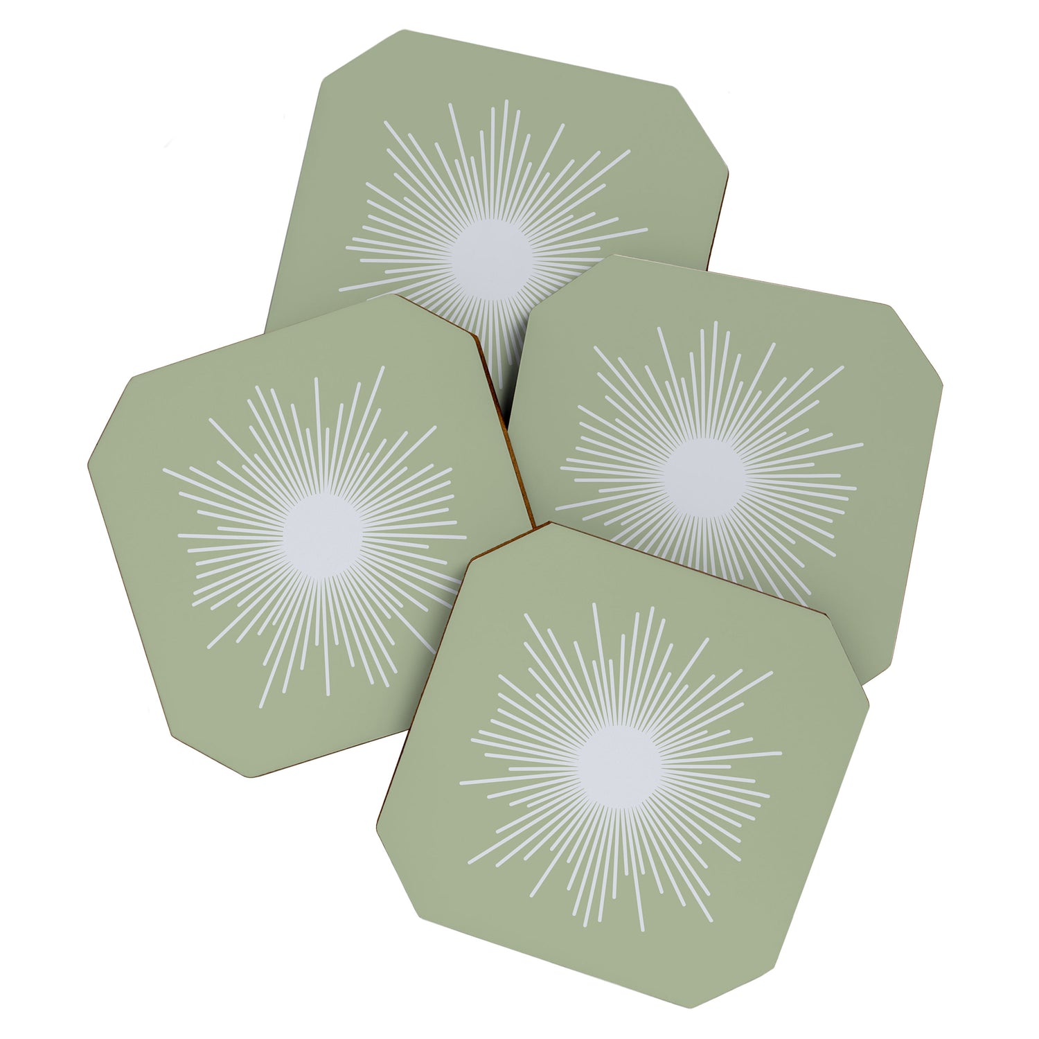Midcentury Modern Minimalist Sunburst 4 in Light Silver Gray and Sage Green Coaster Gallery Image 1