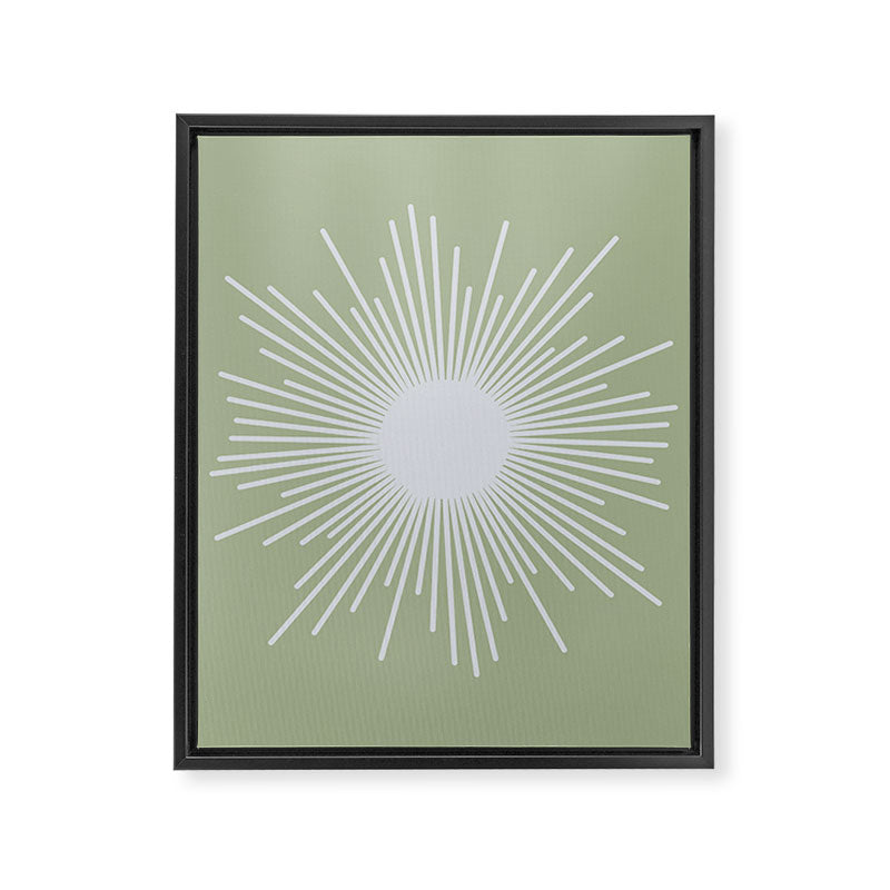 Midcentury Modern Minimalist Sunburst 4 in Light Silver Gray and Sage Green Framed Canvas Print Gallery Image 8