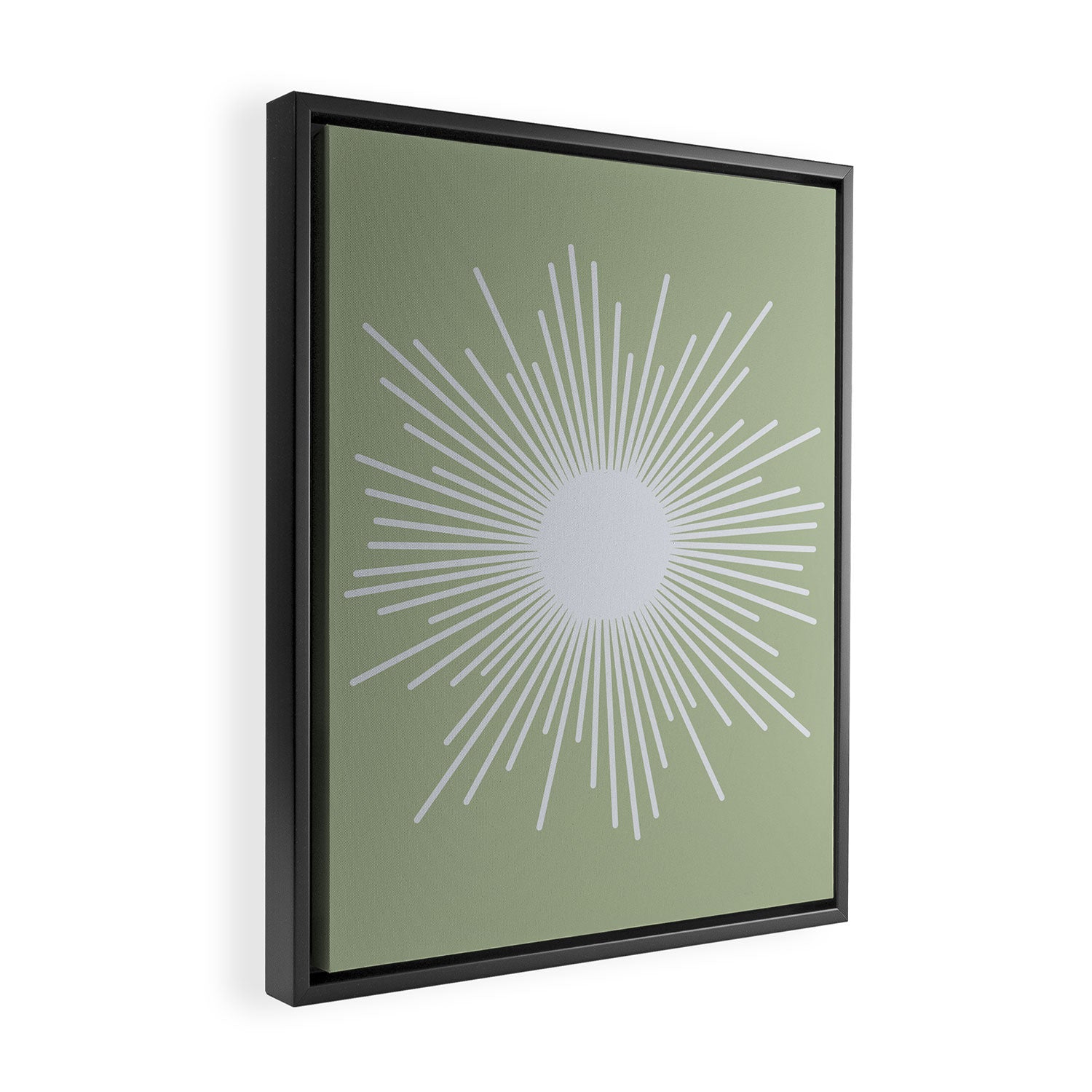 Midcentury Modern Minimalist Sunburst 4 in Light Silver Gray and Sage Green Framed Canvas Print Gallery Image 2