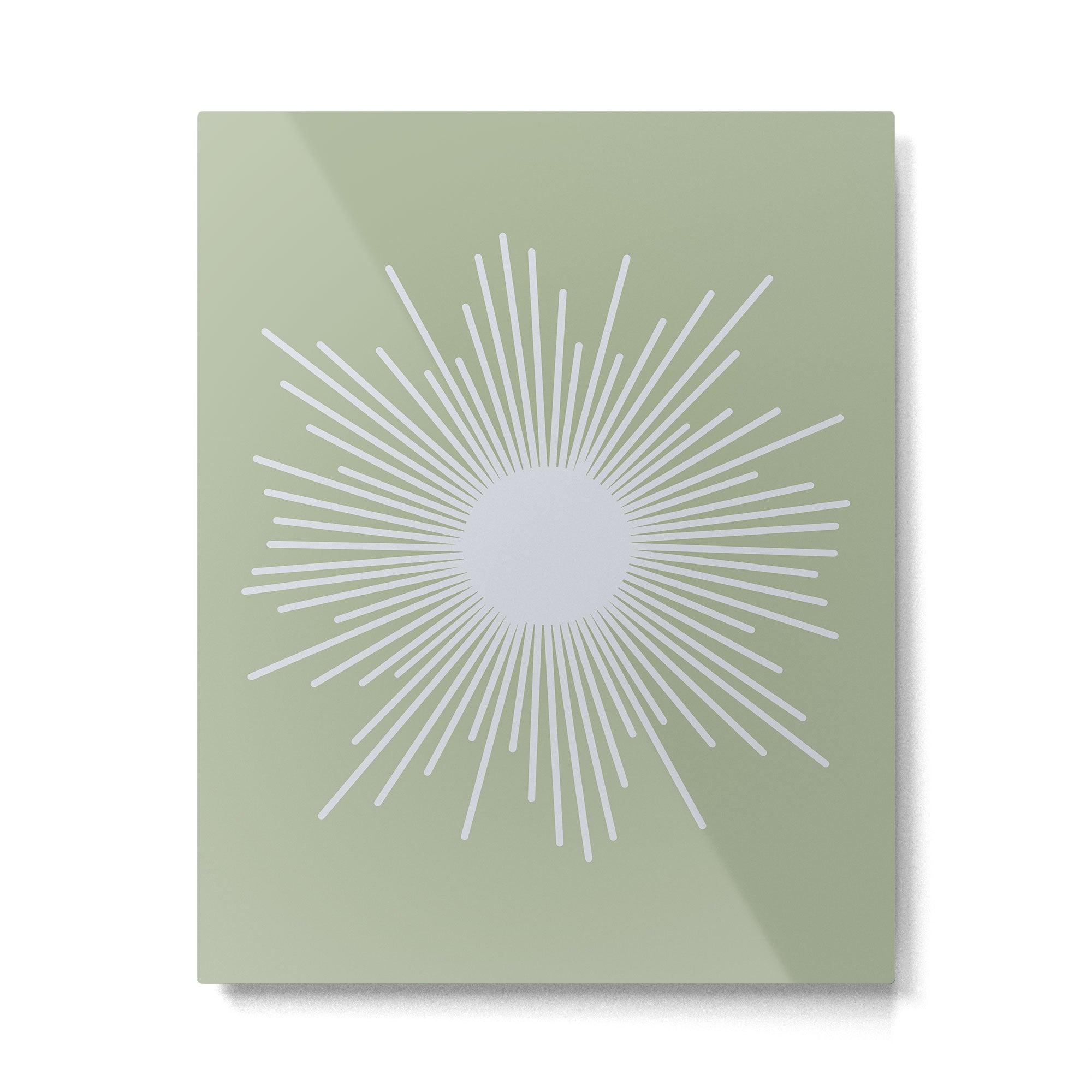 Midcentury Modern Minimalist Sunburst 4 in Light Silver Gray and Sage Green Metal Print Gallery Image 6