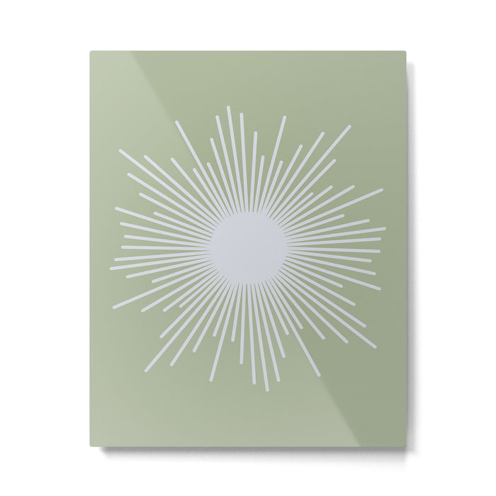 Midcentury Modern Minimalist Sunburst 4 in Light Silver Gray and Sage Green Metal Print Gallery Image 1