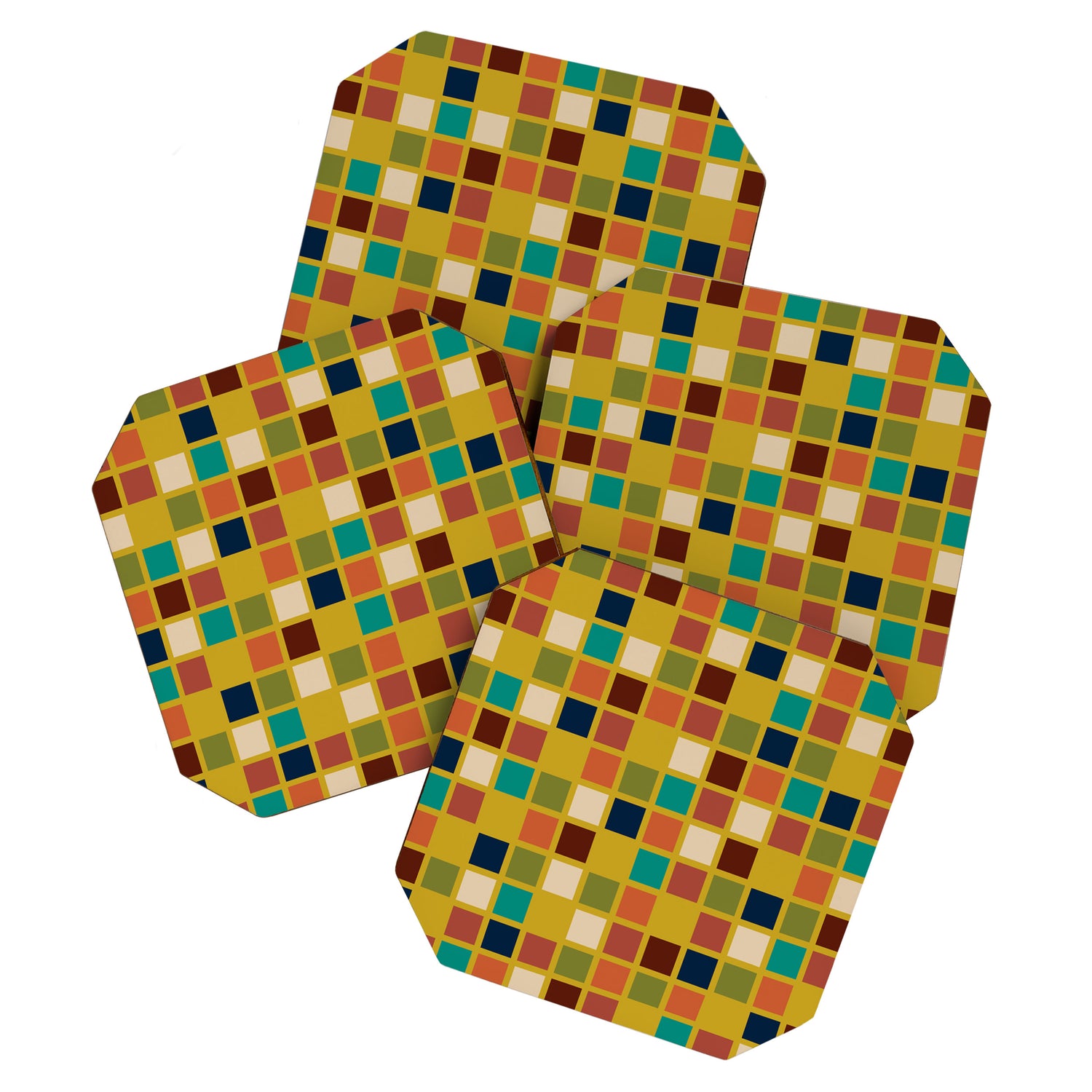 Midcentury Modern Mosaic - Geometric Pattern in Mid Century Mod Olive, Orange, Teal, and Mustard Coaster Gallery Image 1