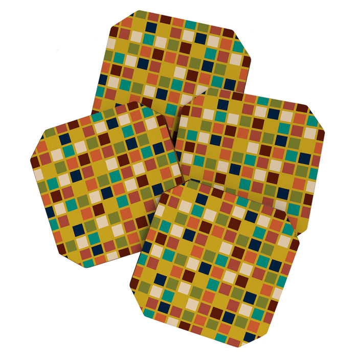 Midcentury Modern Mosaic - Geometric Pattern in Mid Century Mod Olive, Orange, Teal, and Mustard Coaster Gallery Image 1