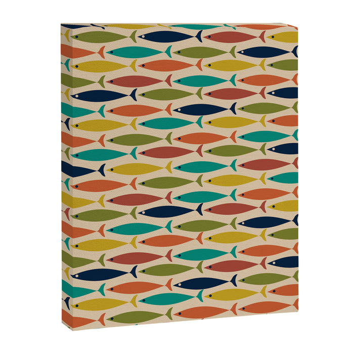Midcentury Modern Multicolor Fish Pattern in Olive, Mustard, Orange, Teal, Beige Canvas Print Gallery Image 1