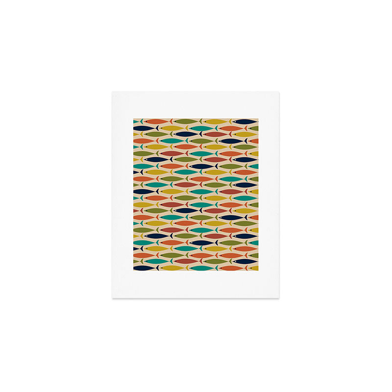 Midcentury Modern Multicolor Fish Pattern in Olive, Mustard, Orange, Teal, Beige Art Print Gallery Image 1