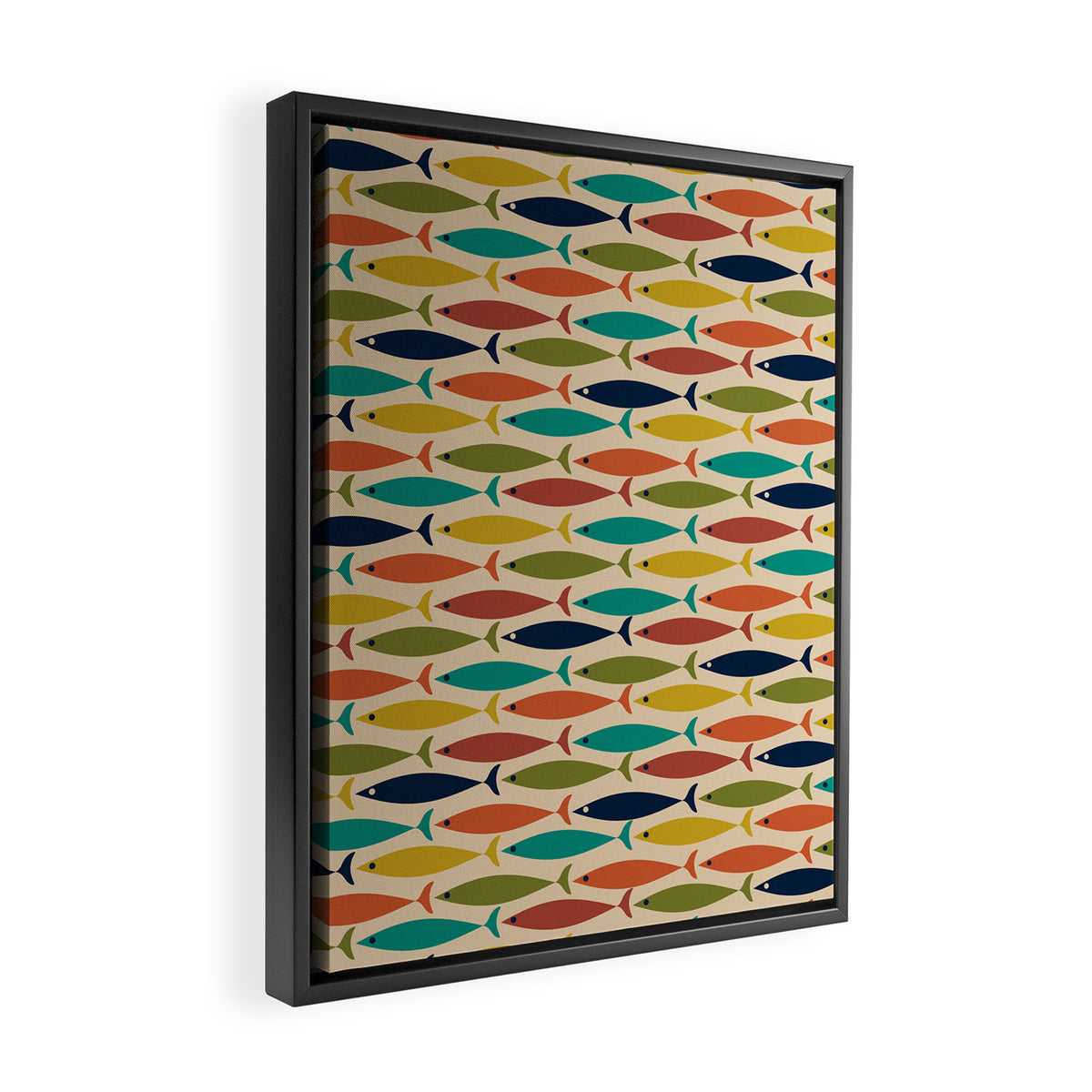 Midcentury Modern Multicolor Fish Pattern in Olive, Mustard, Orange, Teal, Beige Framed Canvas Print Gallery Image 2