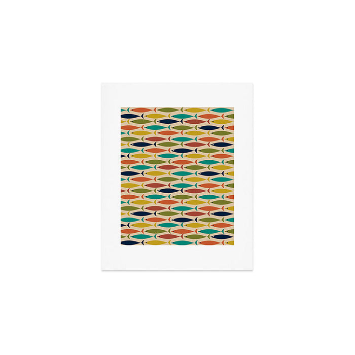 Midcentury Modern Multicolor Fish Pattern 2 in Olive, Mustard, Orange, Teal, Beige Art Print Gallery Image 1