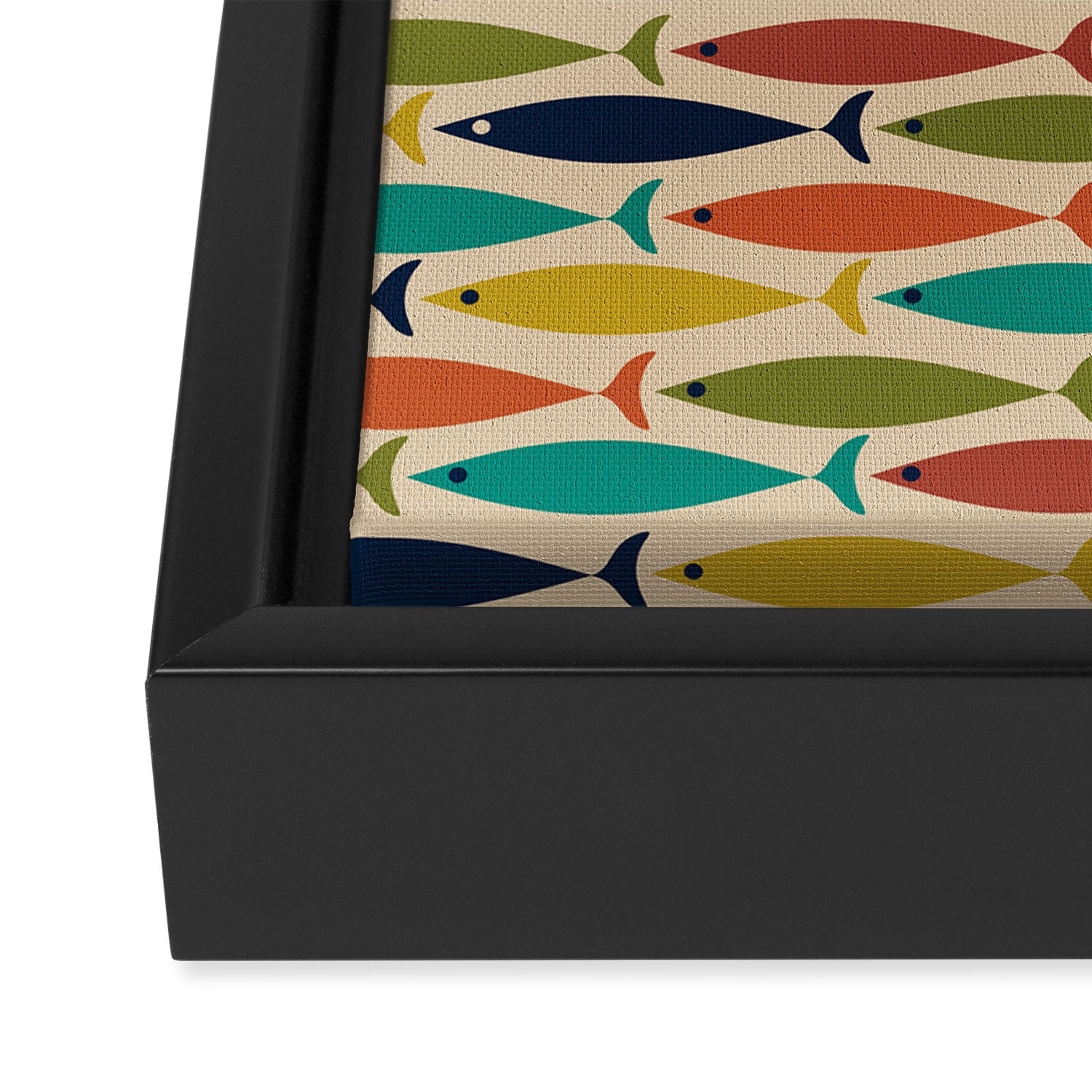 Midcentury Modern Multicolor Fish Pattern 2 in Olive, Mustard, Orange, Teal, Beige Framed Canvas Print Gallery Image 3
