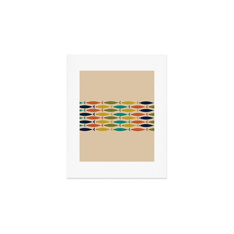Midcentury Modern Multicolor Fish Stripe Pattern in Olive, Mustard, Orange, Teal, Beige Art Print Gallery Image 1