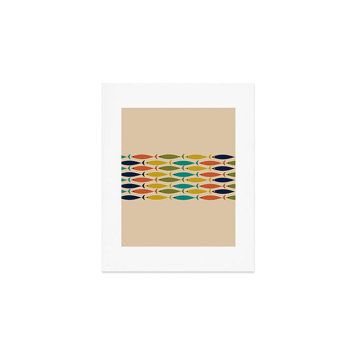 Midcentury Modern Multicolor Fish Stripe Pattern in Olive, Mustard, Orange, Teal, Beige Art Print Gallery Image 1
