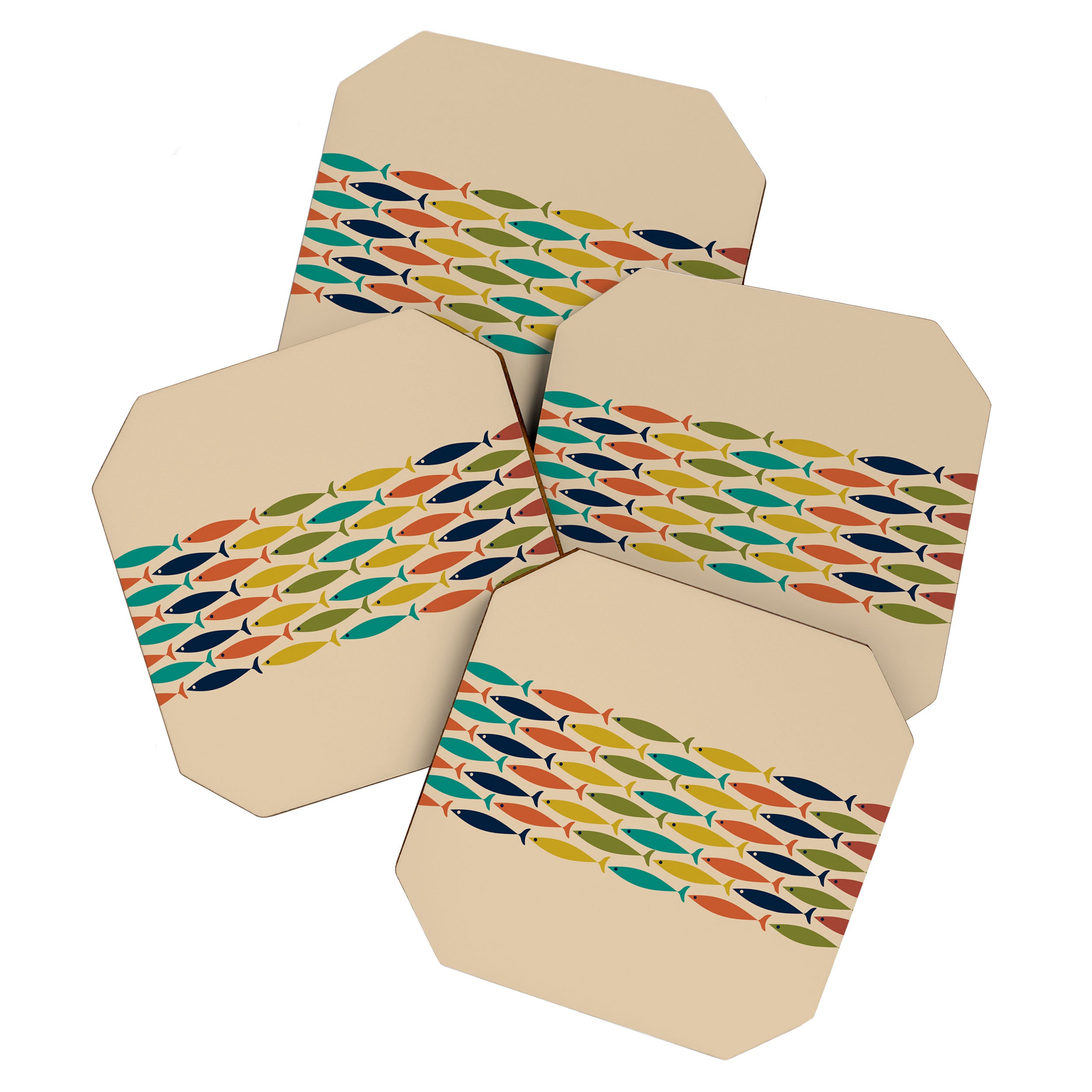 Midcentury Modern Multicolor Fish Stripe Pattern in Olive, Mustard, Orange, Teal, Beige Coaster Gallery Image 1
