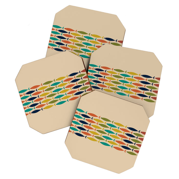 Midcentury Modern Multicolor Fish Stripe Pattern in Olive, Mustard, Orange, Teal, Beige Coaster Gallery Image 1