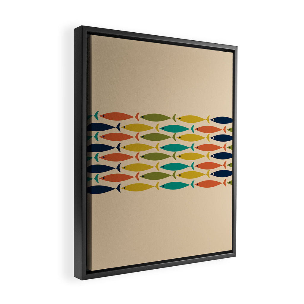 Midcentury Modern Multicolor Fish Stripe Pattern in Olive, Mustard, Orange, Teal, Beige Framed Canvas Print Gallery Image 2