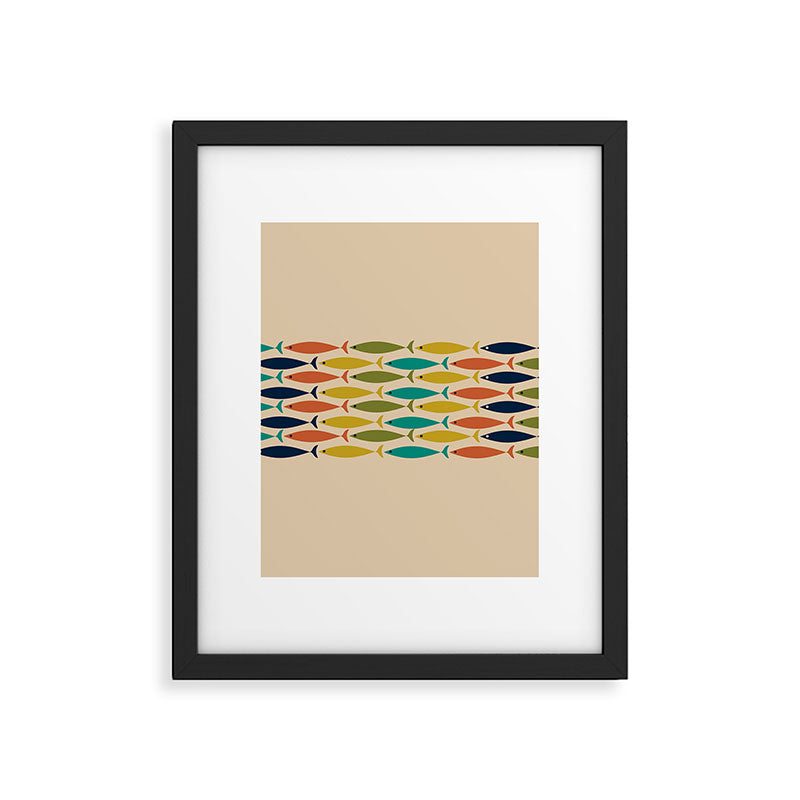 Midcentury Modern Multicolor Fish Stripe Pattern in Olive, Mustard, Orange, Teal, Beige Framed Art Print Gallery Image 6