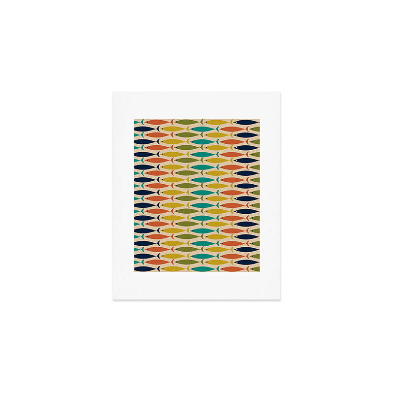  Midcentury Modern Multicolor Fish Stripes Pattern in Olive, Mustard, Orange, Teal, Beige Art Print Gallery Image 1