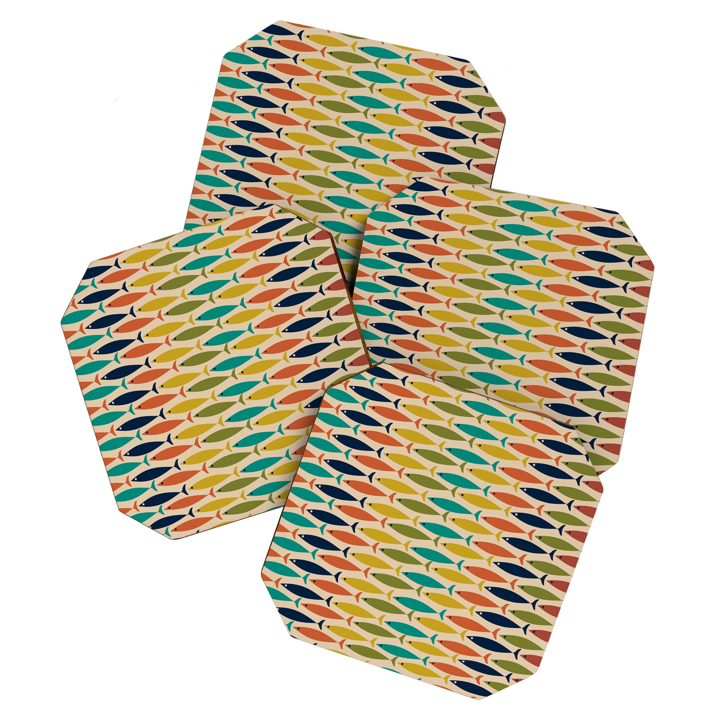  Midcentury Modern Multicolor Fish Stripes Pattern in Olive, Mustard, Orange, Teal, Beige Coaster Gallery Image 1