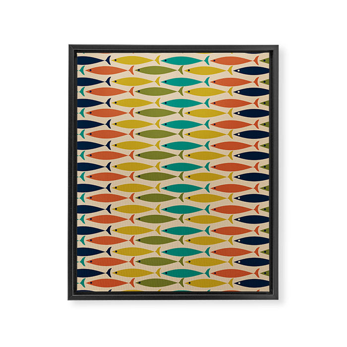 Midcentury Modern Multicolor Fish Stripes Pattern in Olive, Mustard, Orange, Teal, Beige Framed Canvas Print Gallery Image 1