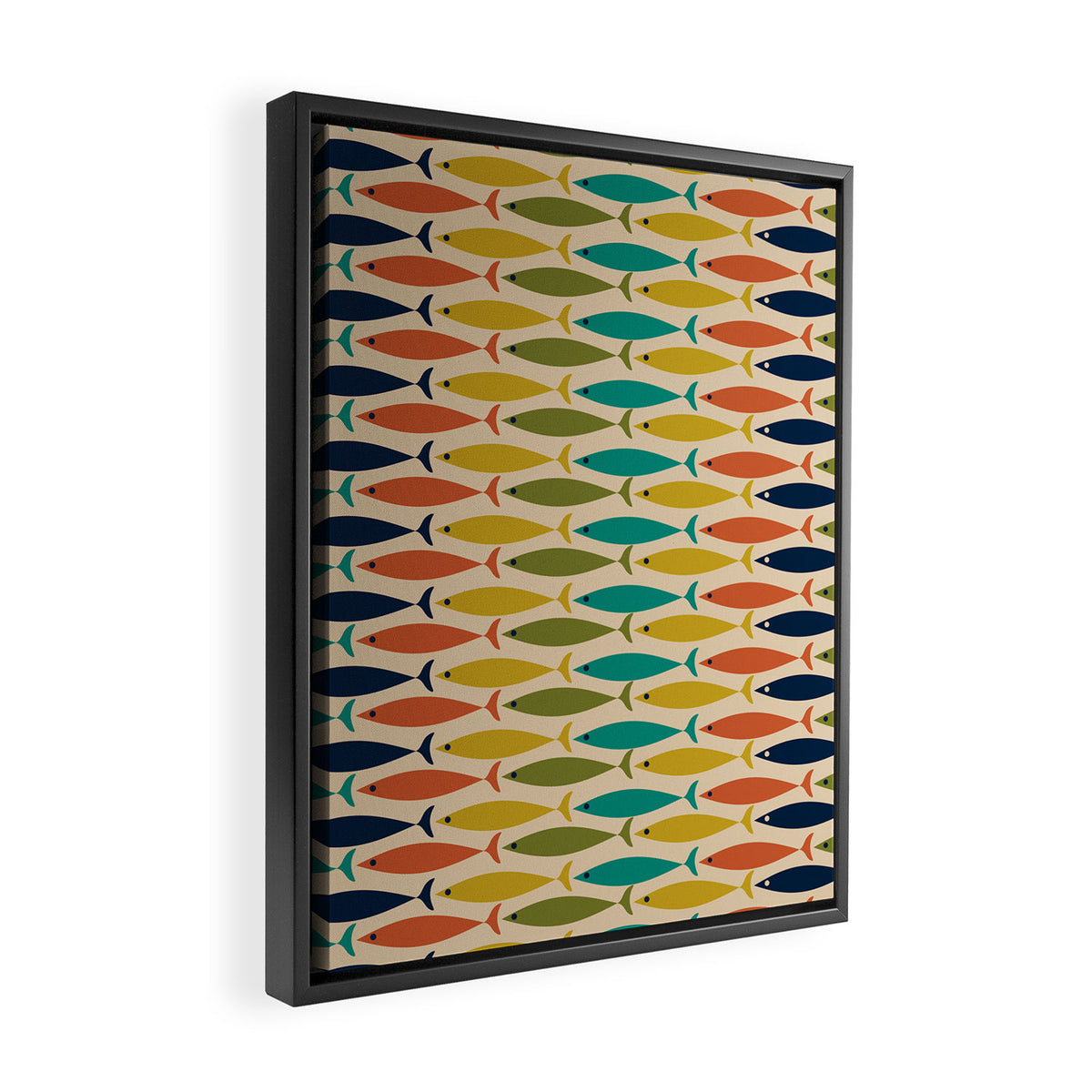  Midcentury Modern Multicolor Fish Stripes Pattern in Olive, Mustard, Orange, Teal, Beige Framed Canvas Print Gallery Image 2