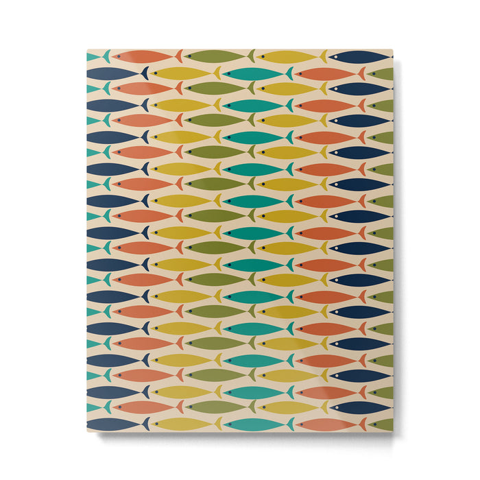  Midcentury Modern Multicolor Fish Stripes Pattern in Olive, Mustard, Orange, Teal, Beige Metal Print Gallery Image 1