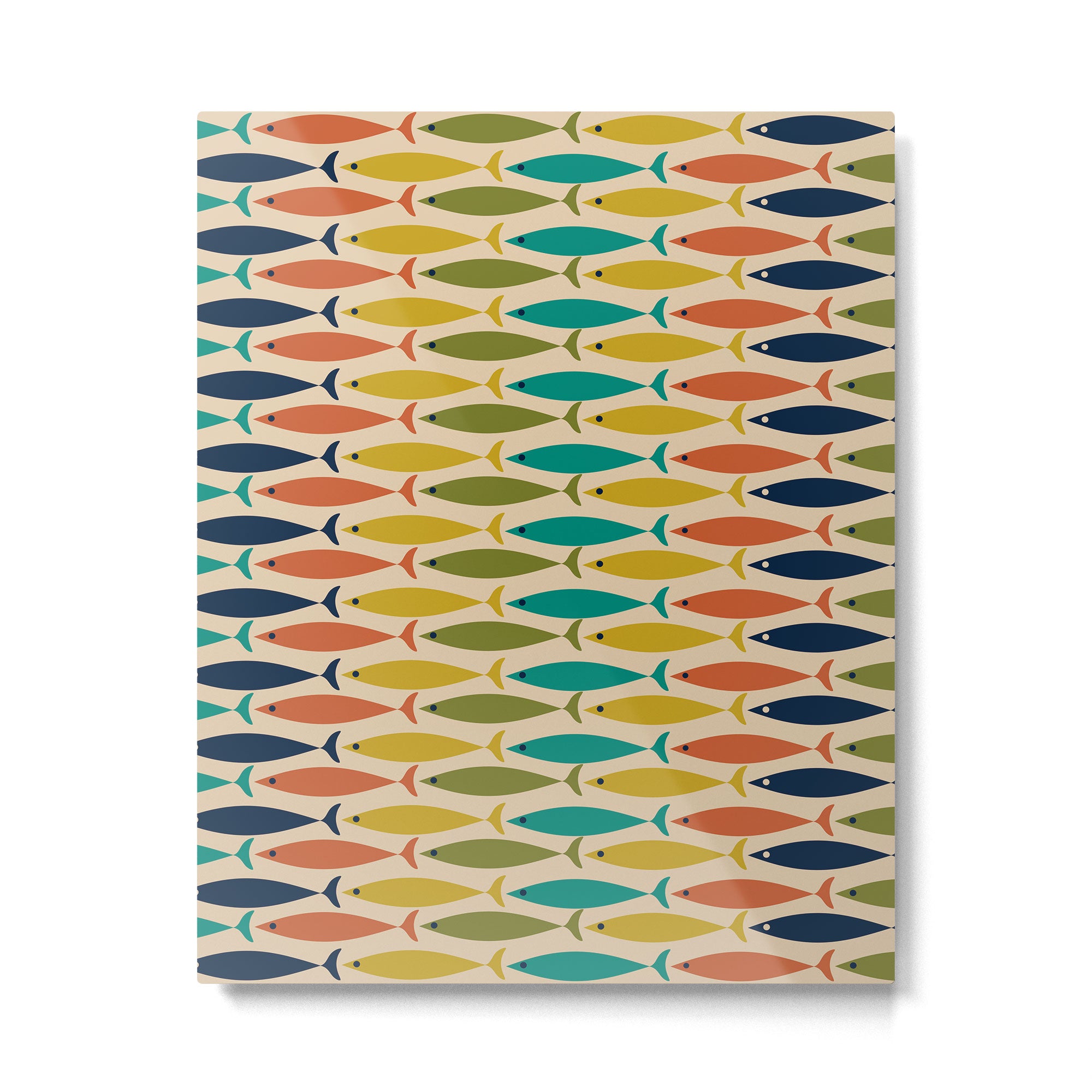  Midcentury Modern Multicolor Fish Stripes Pattern in Olive, Mustard, Orange, Teal, Beige Metal Print Gallery Image 6