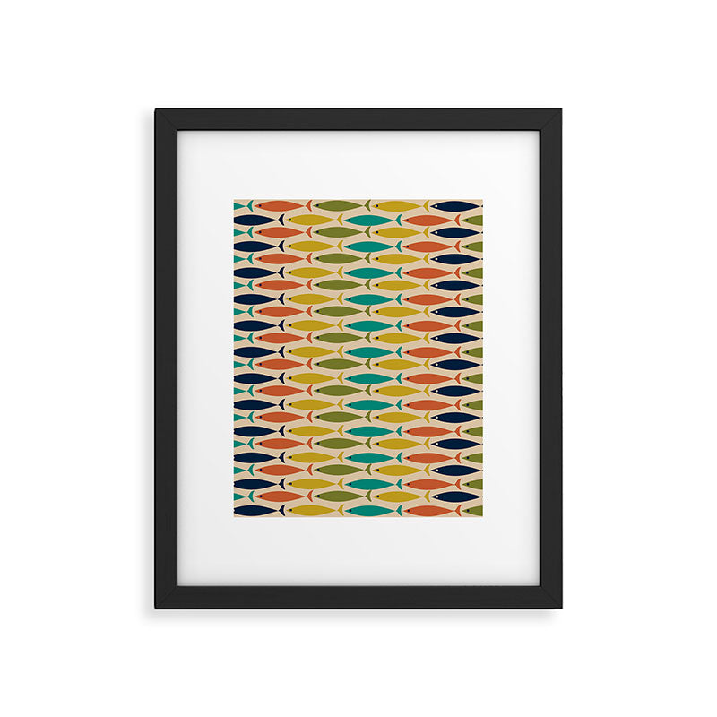  Midcentury Modern Multicolor Fish Stripes Pattern in Olive, Mustard, Orange, Teal, Beige Framed Art Print Gallery Image 6