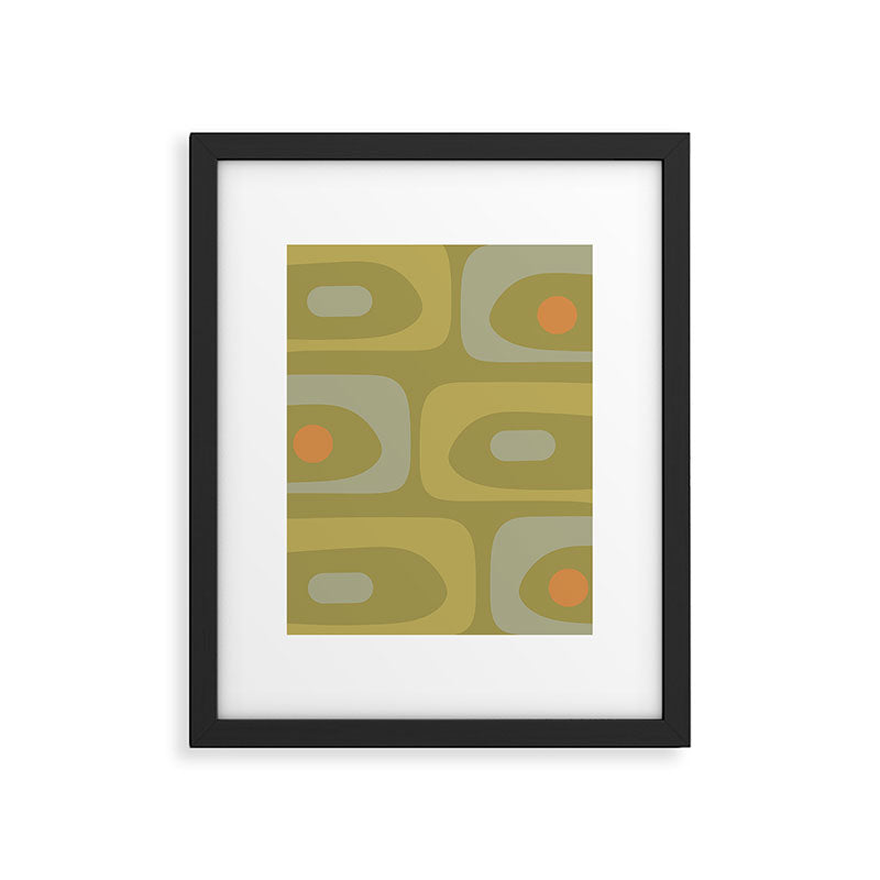 Mid-Century Modern Piquet Minimalist Abstract in Muted Retro Olive Green Celadon Orange Framed Art Print Gallery Image 6