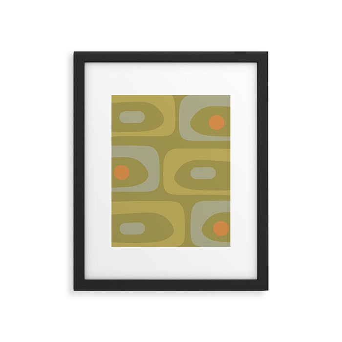 Mid-Century Modern Piquet Minimalist Abstract in Muted Retro Olive Green Celadon Orange Framed Art Print Gallery Image 1