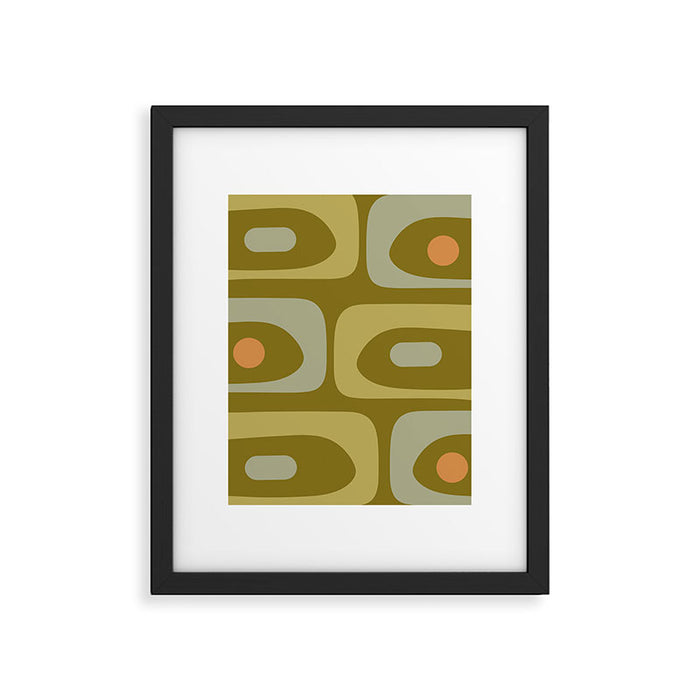 Mid-Century Modern Piquet Minimalist Abstract in Retro Olive Green Celadon Orange Framed Art Print Gallery Image 1