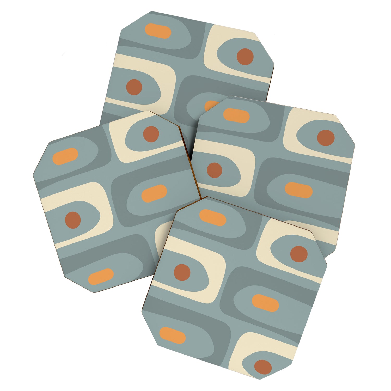 Mid-Century Modern Piquet Minimalist Abstract Pattern Slate Blue Orange Rust Cream Coaster Gallery Image 1