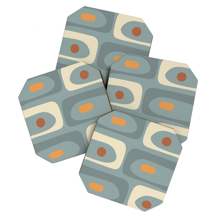 Mid-Century Modern Piquet Minimalist Abstract Pattern Slate Blue Orange Rust Cream Coaster Gallery Image 1