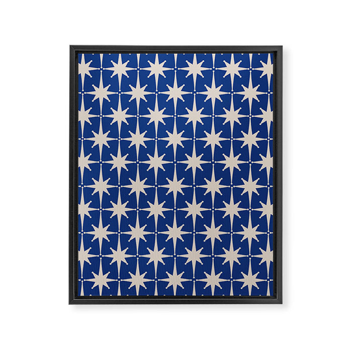 Mid-Century Modern Starburst Pattern in Stone and Blue Framed Canvas Print Gallery Image 1