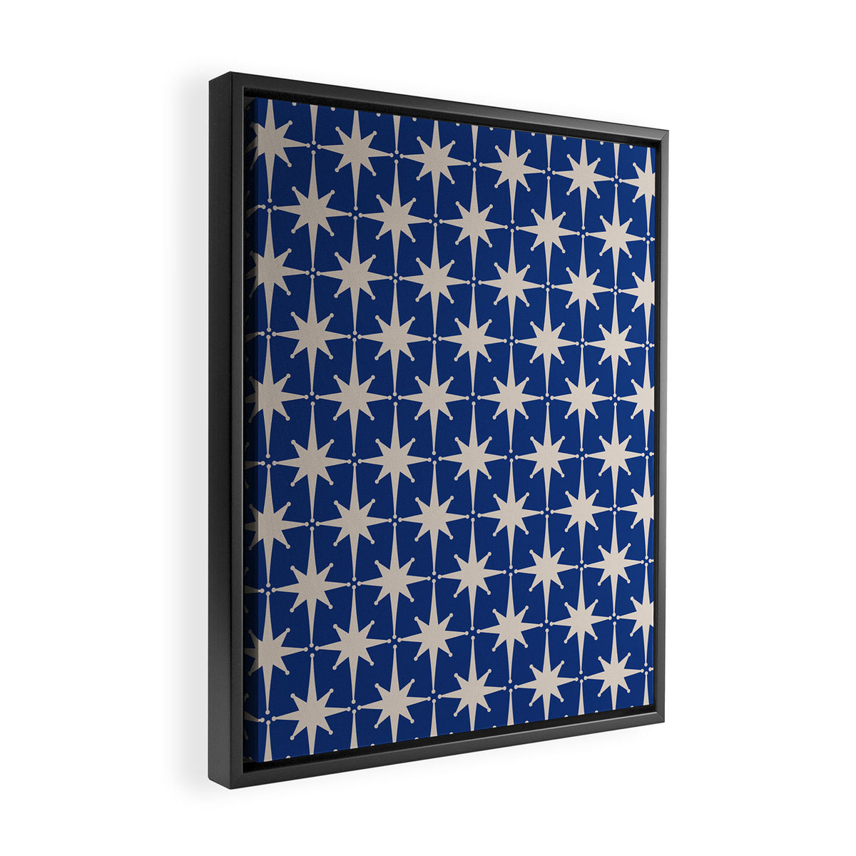 Mid-Century Modern Starburst Pattern in Stone and Blue Framed Canvas Print Gallery Image 2