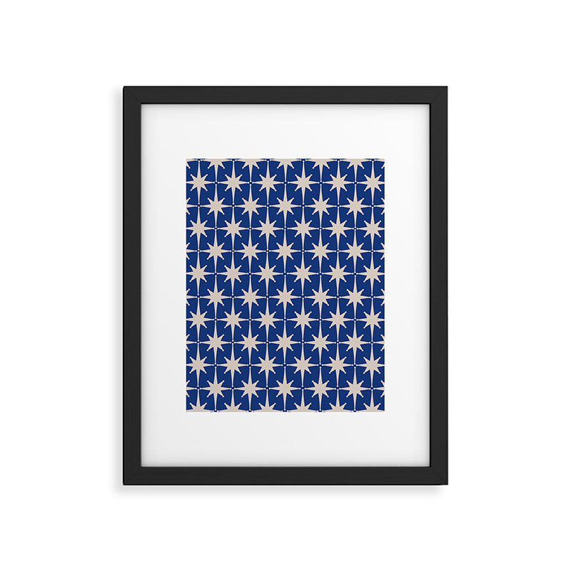 Mid-Century Modern Starburst Pattern in Stone and Blue Framed Art Print Gallery Image 4
