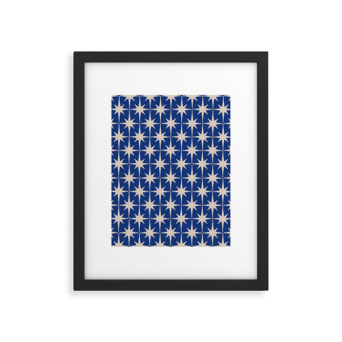 Mid-Century Modern Starburst Pattern in Stone and Blue Framed Art Print Gallery Image 1