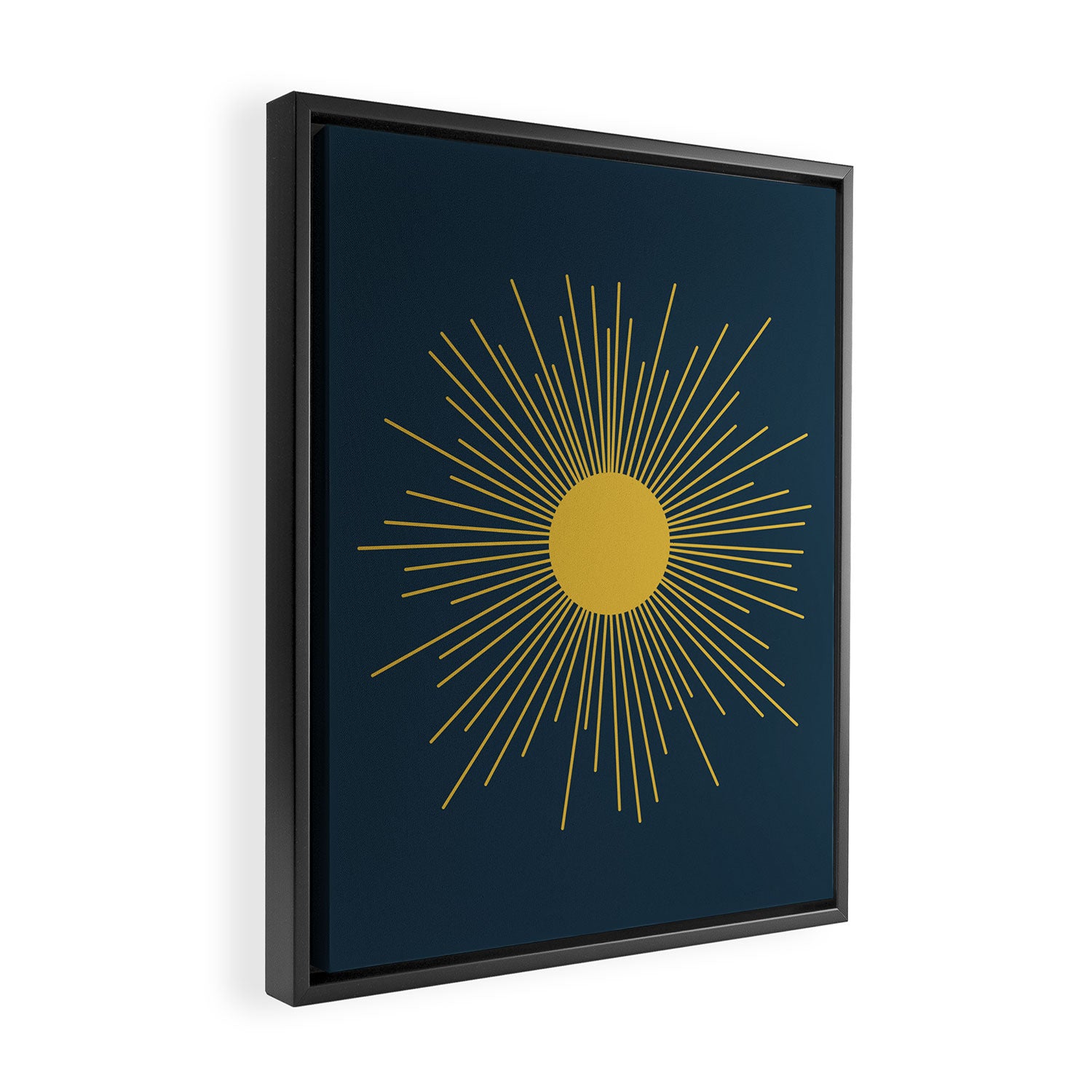 Mid-Century Modern Sunburst II in Light Mustard and Navy Blue Framed Canvas Print Gallery Image 2