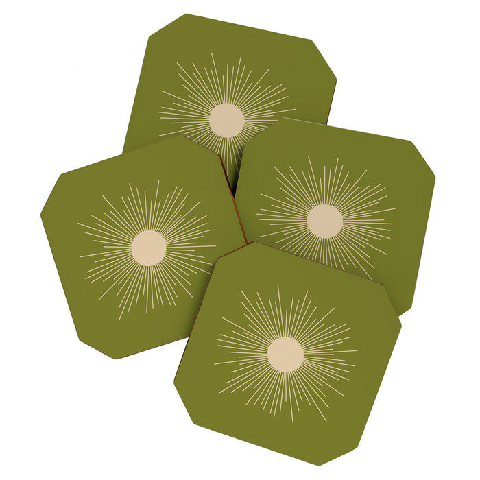 Mid-Century Modern Sunburst II - Minimalist Sun in Mid Mod Beige and Olive Green Coaster Gallery Image 1