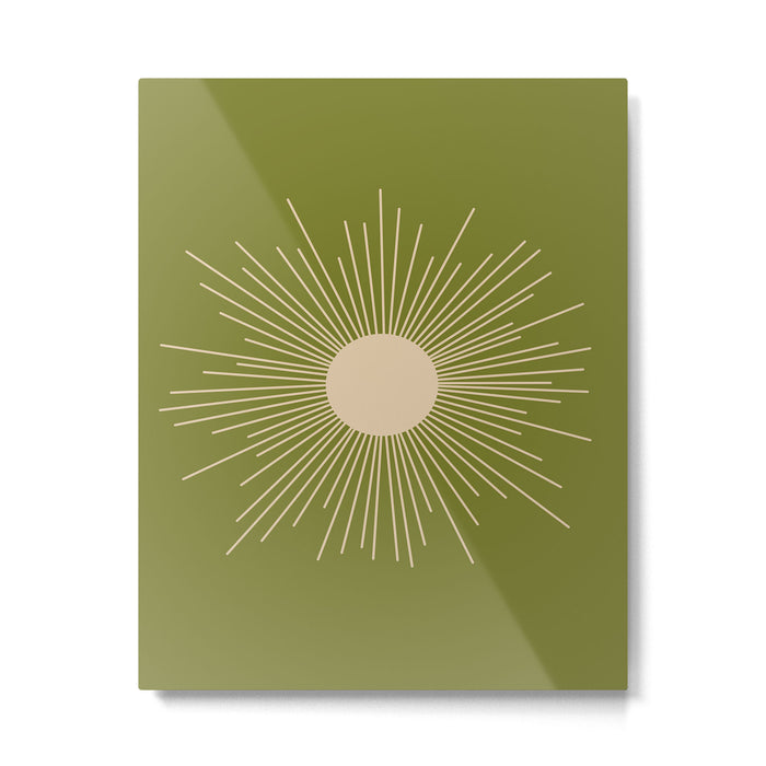 Mid-Century Modern Sunburst II - Minimalist Sun in Mid Mod Beige and Olive Green Metal Print Gallery Image 1