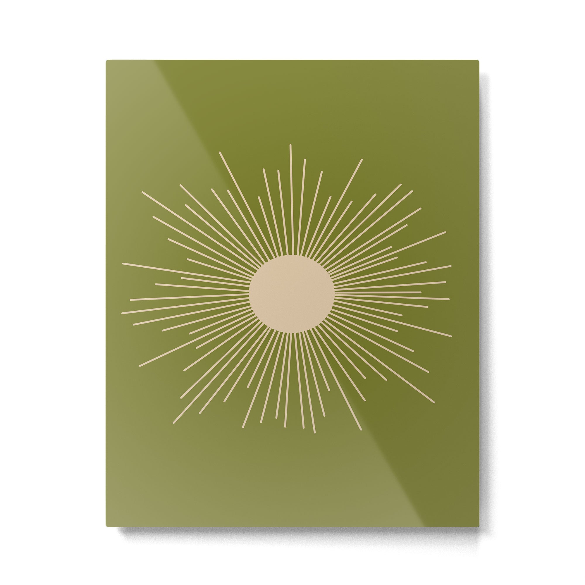 Mid-Century Modern Sunburst II - Minimalist Sun in Mid Mod Beige and Olive Green Metal Print Gallery Image 6