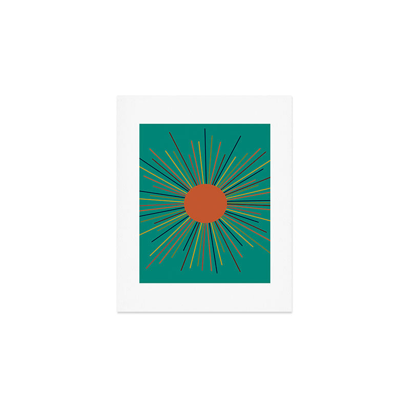 Mid-Century Modern Sunburst - Minimalist Abstract Sun in Mid Mod Orange, Olive, Mustard, and Teal Turquoise Art Print Gallery Image 1