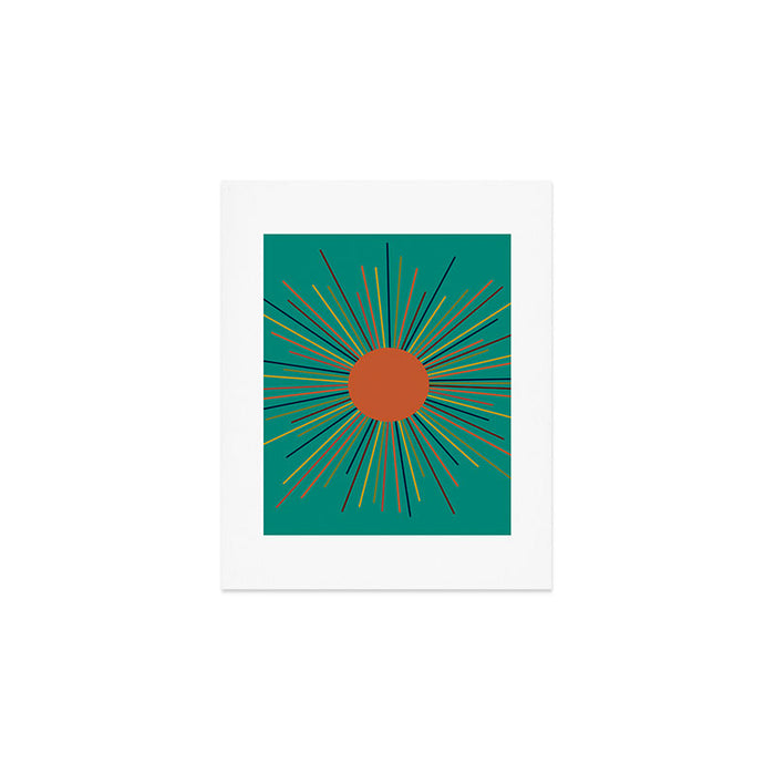 Mid-Century Modern Sunburst - Minimalist Abstract Sun in Mid Mod Orange, Olive, Mustard, and Teal Turquoise Art Print Gallery Image 1