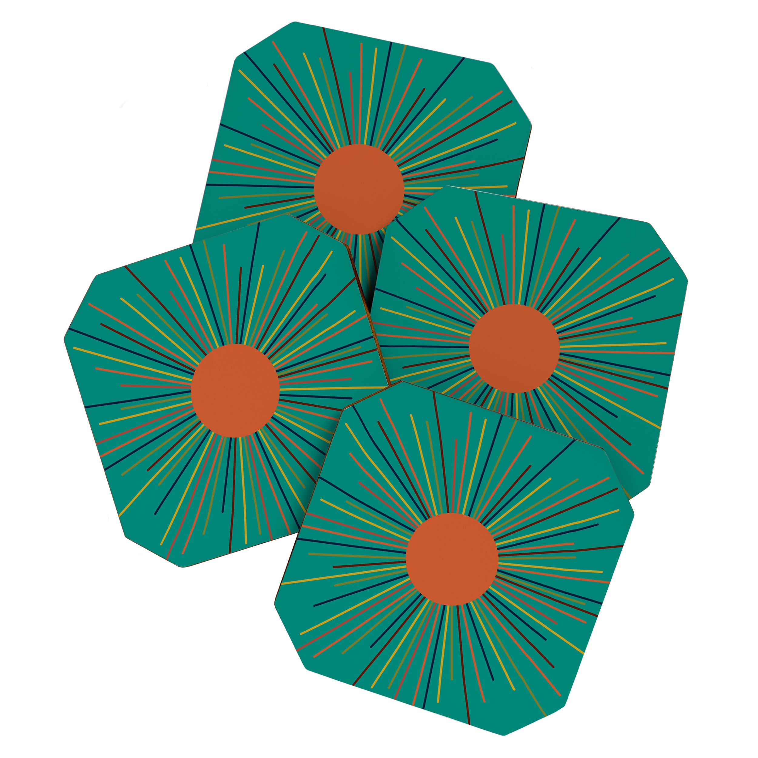 Mid-Century Modern Sunburst - Minimalist Abstract Sun in Mid Mod Orange, Olive, Mustard, and Teal Turquoise Coaster Gallery Image 1